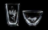 A Group of Two Etched Glass Vases