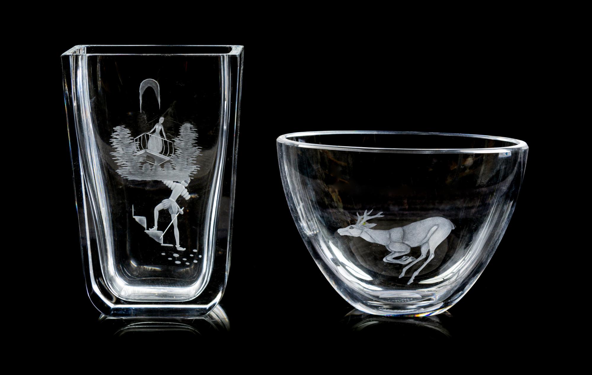 A Group of Two Etched Glass Vases