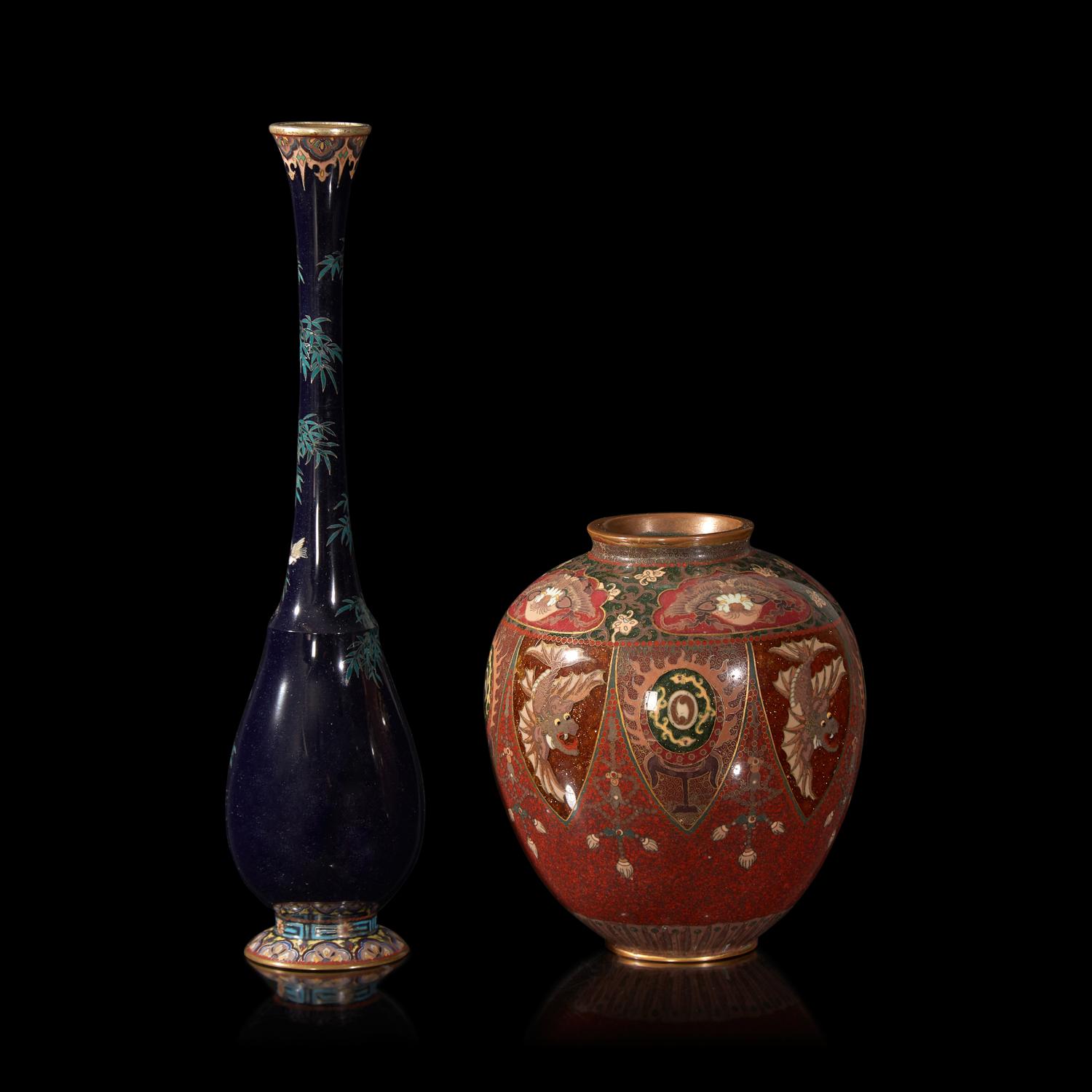 A Japanese Cloisonne Vase, Ota Tamashiro, and a Small Ovoid Vase, Meiji Period