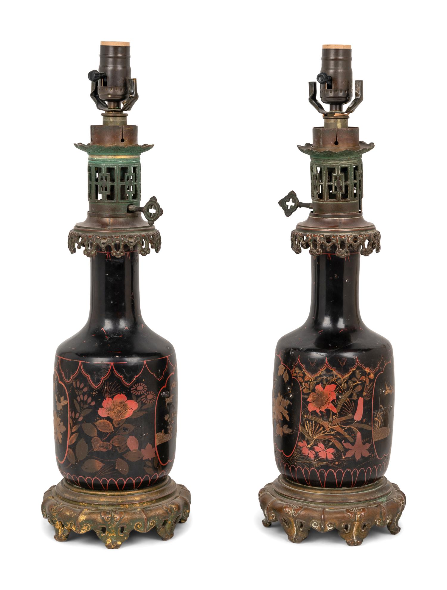 A Pair of French Gilt Bronze Mounted and Gilt Decorated Black Opaline Glass Oil Lamps