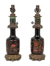 A Pair of French Gilt Bronze Mounted and Gilt Decorated Black Opaline Glass Oil Lamps