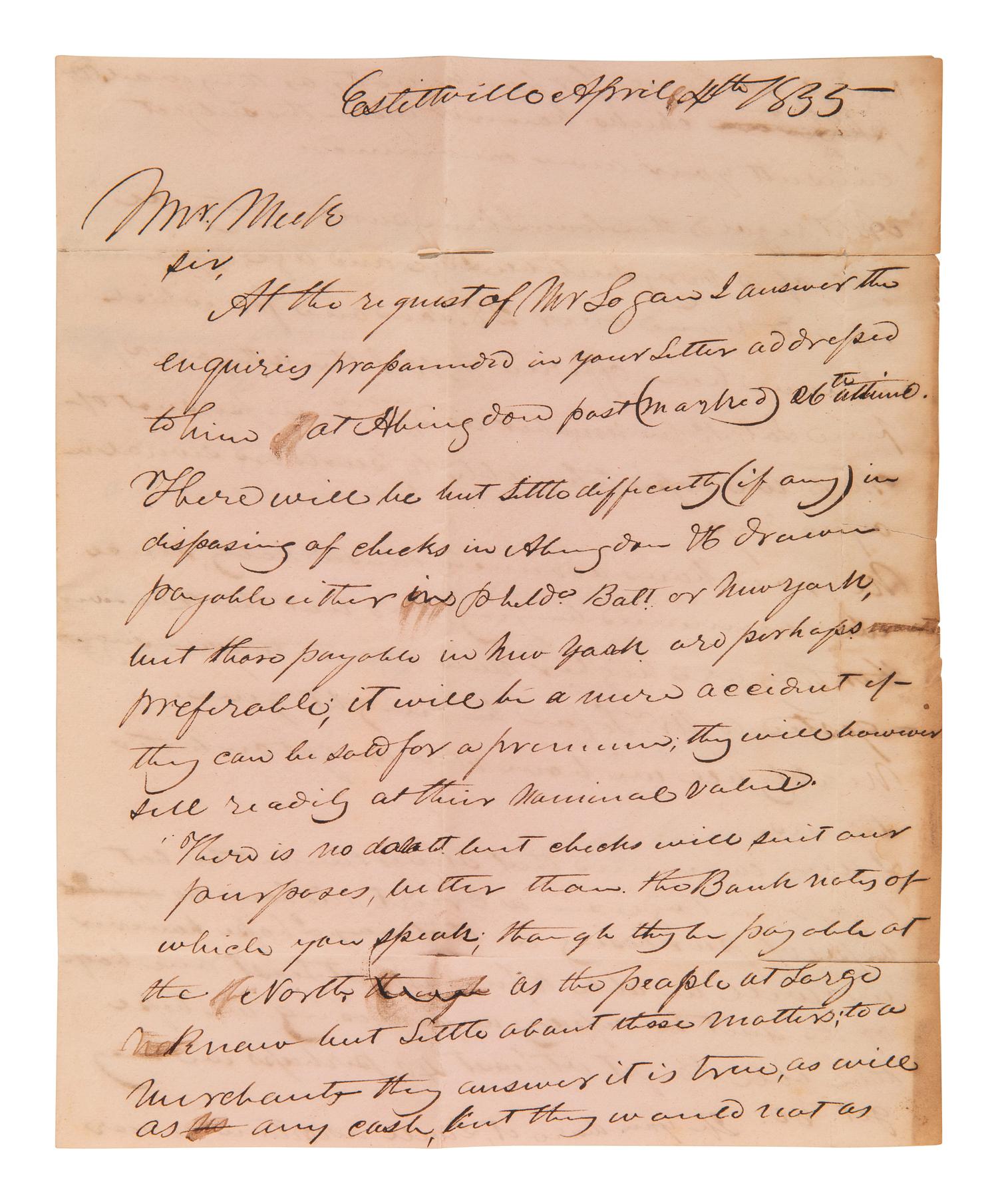 [ENSLAVEMENT]. 2 letters to slave trader Joseph Meek regarding the current market. Virginia, 1835.