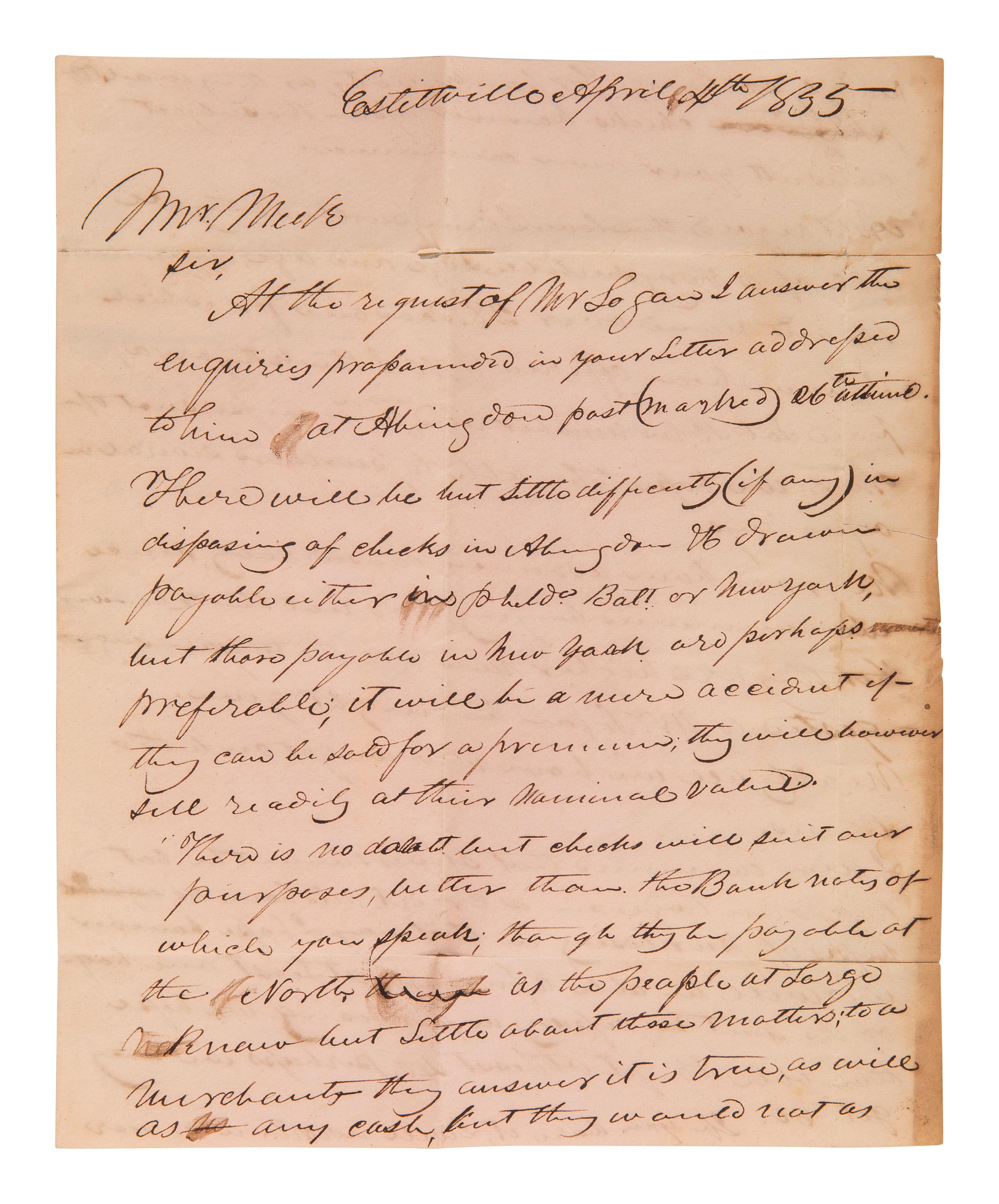 [ENSLAVEMENT]. 2 letters to slave trader Joseph Meek regarding the current market. Virginia, 1835.