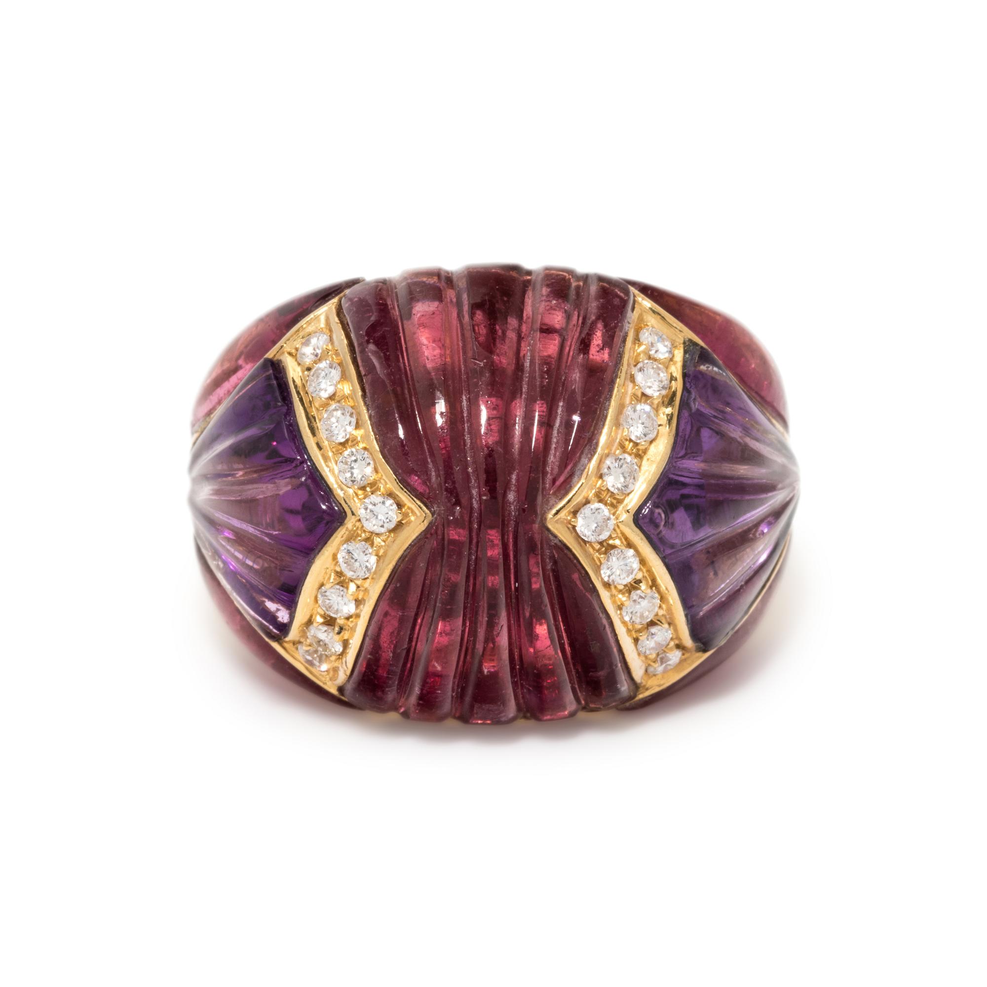 PINK TOURMALINE, AMETHYST AND DIAMOND RING