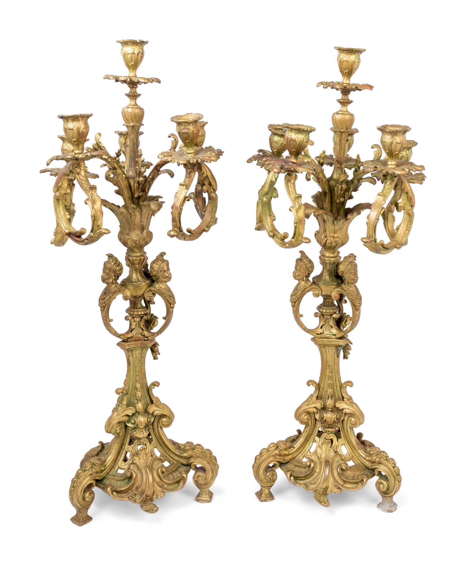 A Pair of French Gilt Bronze Six-Light Candelabra