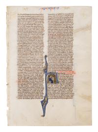 CIRCLE OF WILLIAM DE BRAILES (active Oxford, c. 1230-1260) Leaf from a Bible with a historiated initial ‘A’ depicting Saint John writing the Book of Revelation, in Latin, illuminated manuscript on parchment [England, Oxford, c. 1250–1270]