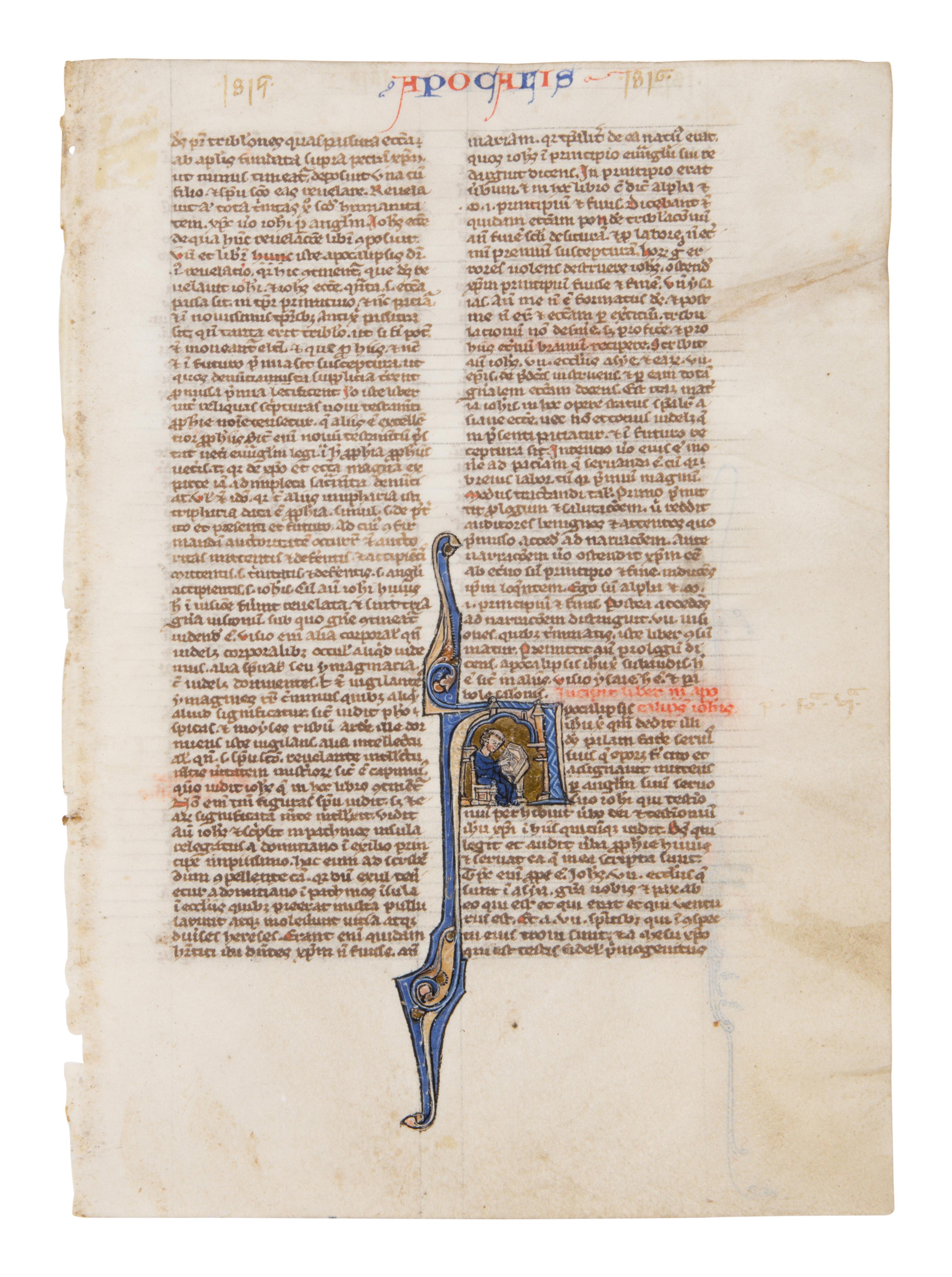 CIRCLE OF WILLIAM DE BRAILES (active Oxford, c. 1230-1260) Leaf from a Bible with a historiated initial ‘A’ depicting Saint John writing the Book of Revelation, in Latin, illuminated manuscript on parchment [England, Oxford, c. 1250–1270]