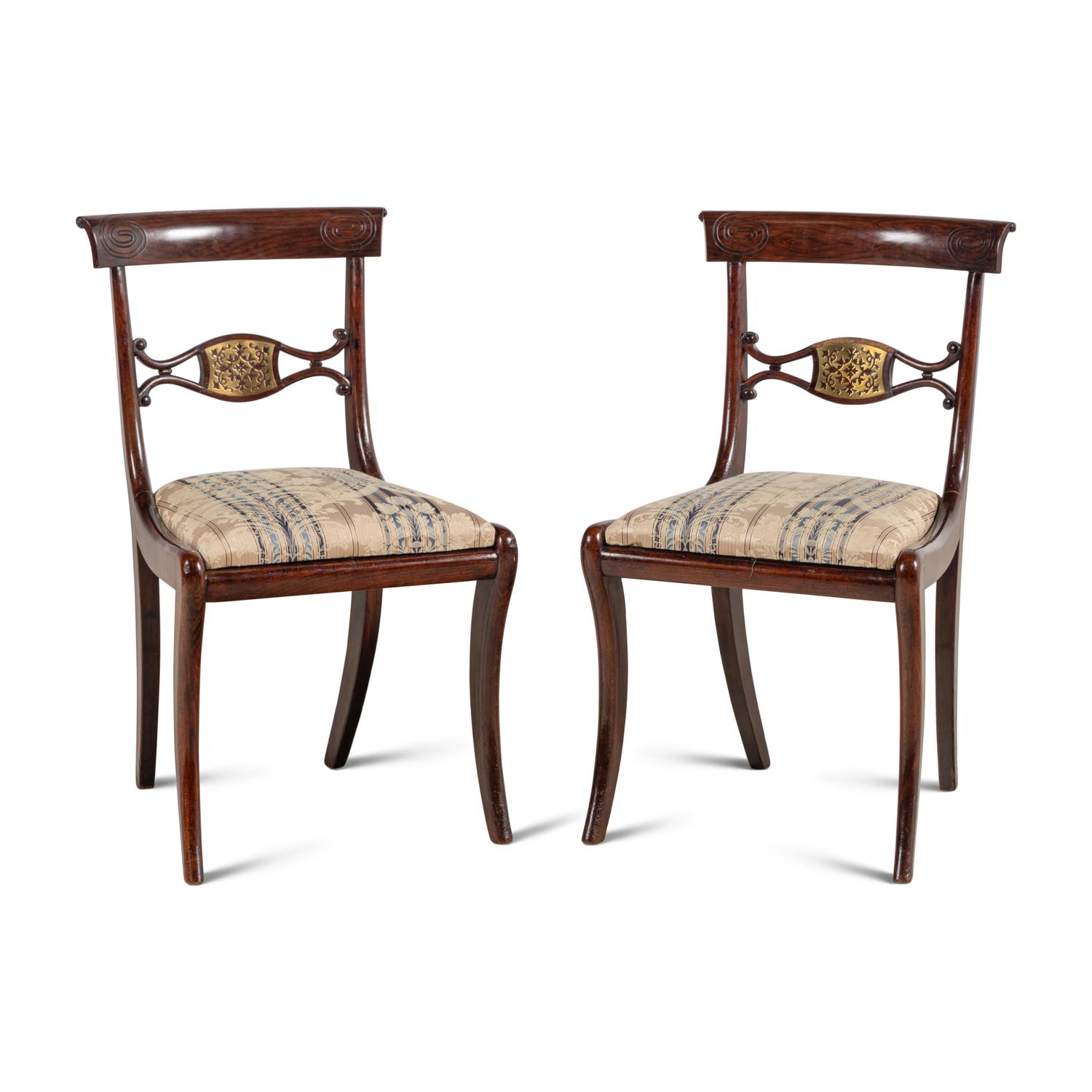 A Pair of Regency Mahogany and Brass Inlaid Side Chairs