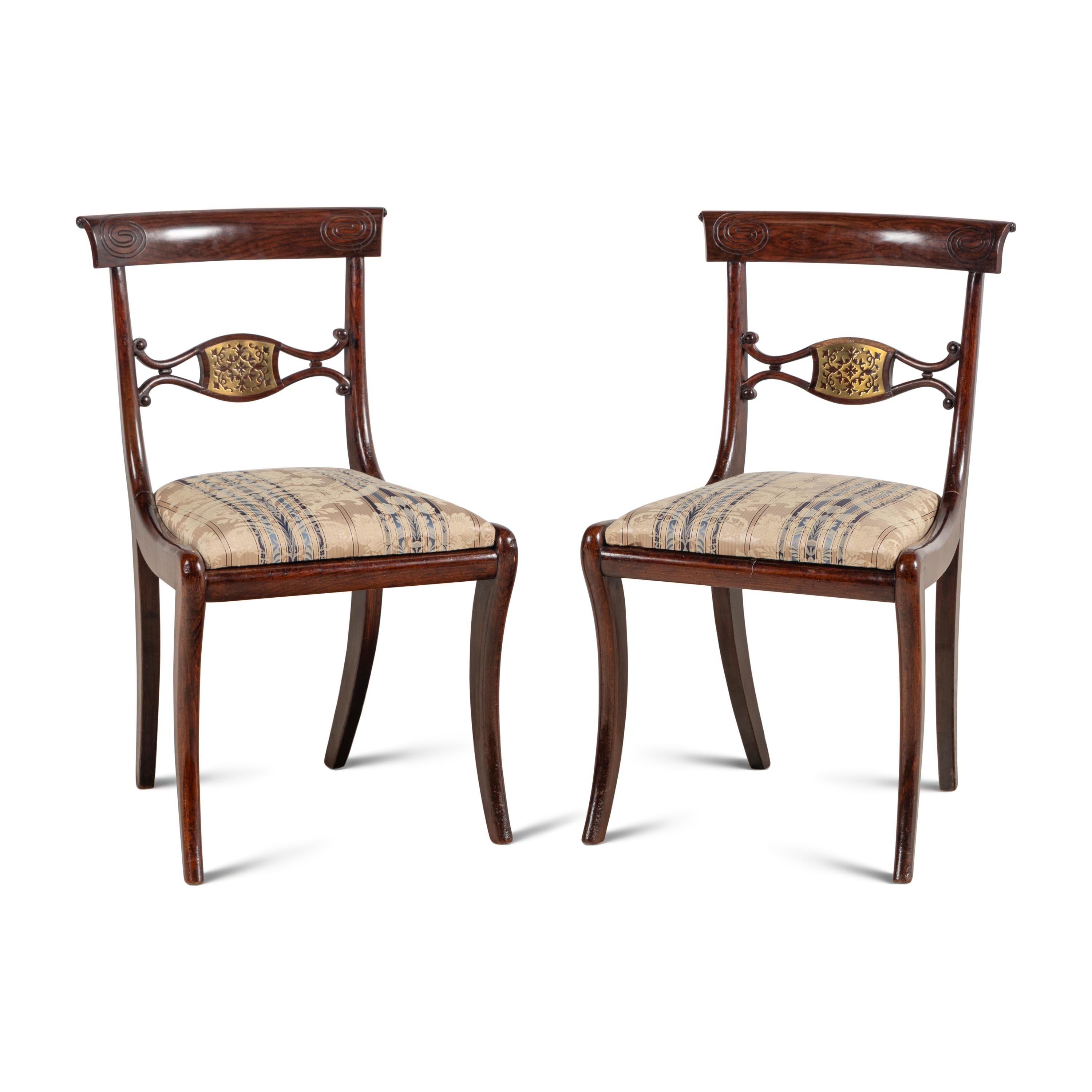 A Pair of Regency Mahogany and Brass Inlaid Side Chairs