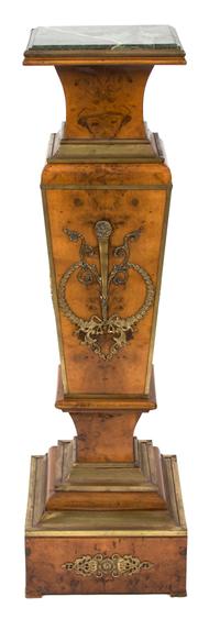 A French Empire Gilt Bronze Mounted Burlwood Marble Top Pedestal Height 50 1/2 x width 14 1/2 x depth 14 1/2 inches. — 19TH CENTURY