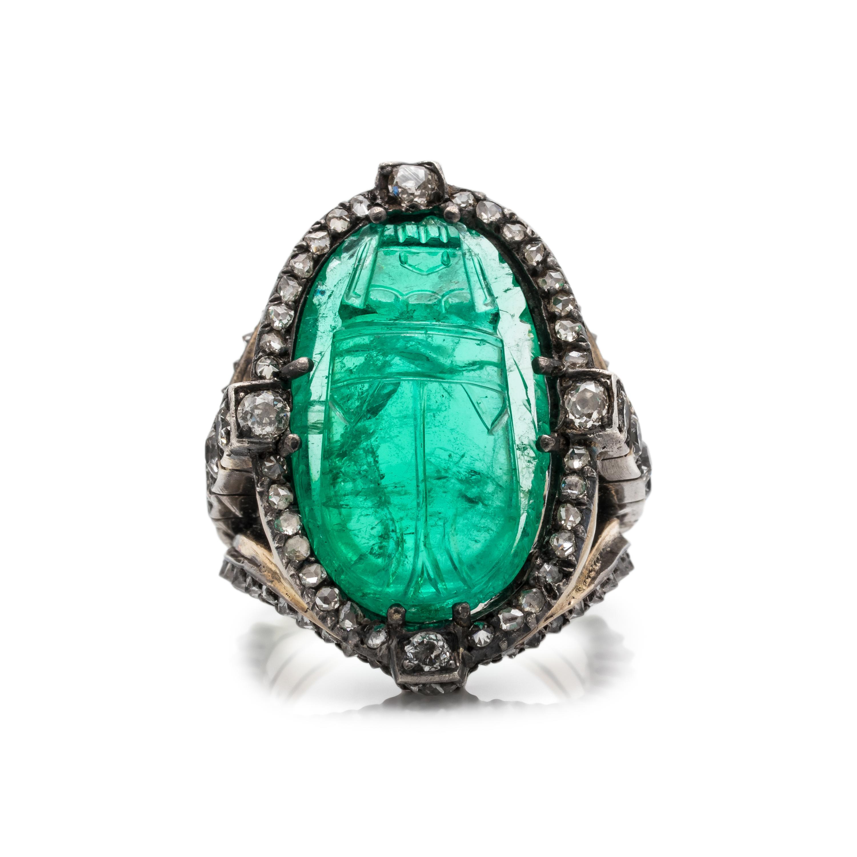 EMERALD AND DIAMOND SCARAB RING