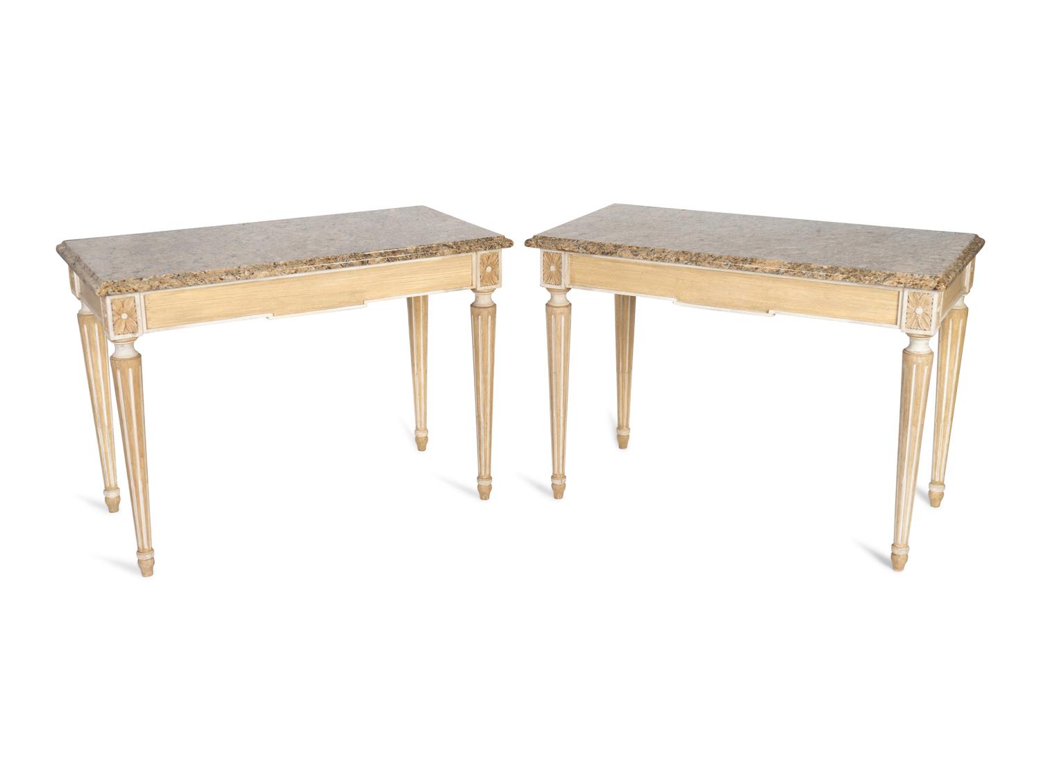 A Pair of Neoclassical Carved and Painted Console Tables with Granite Tops — 20TH CENTURY