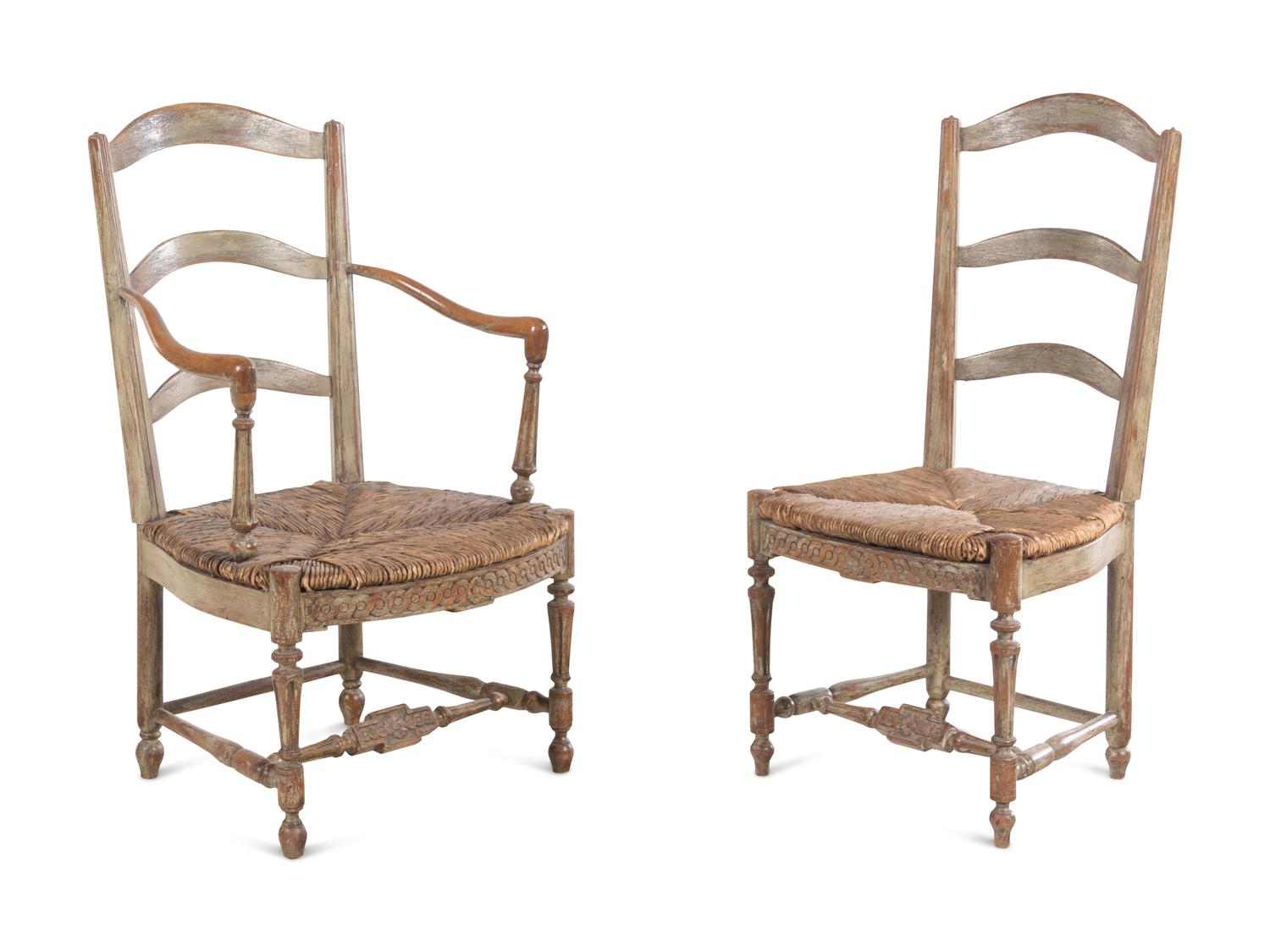 A Set of Six French Provincial Green-Painted Rush-Seat Dining Chairs