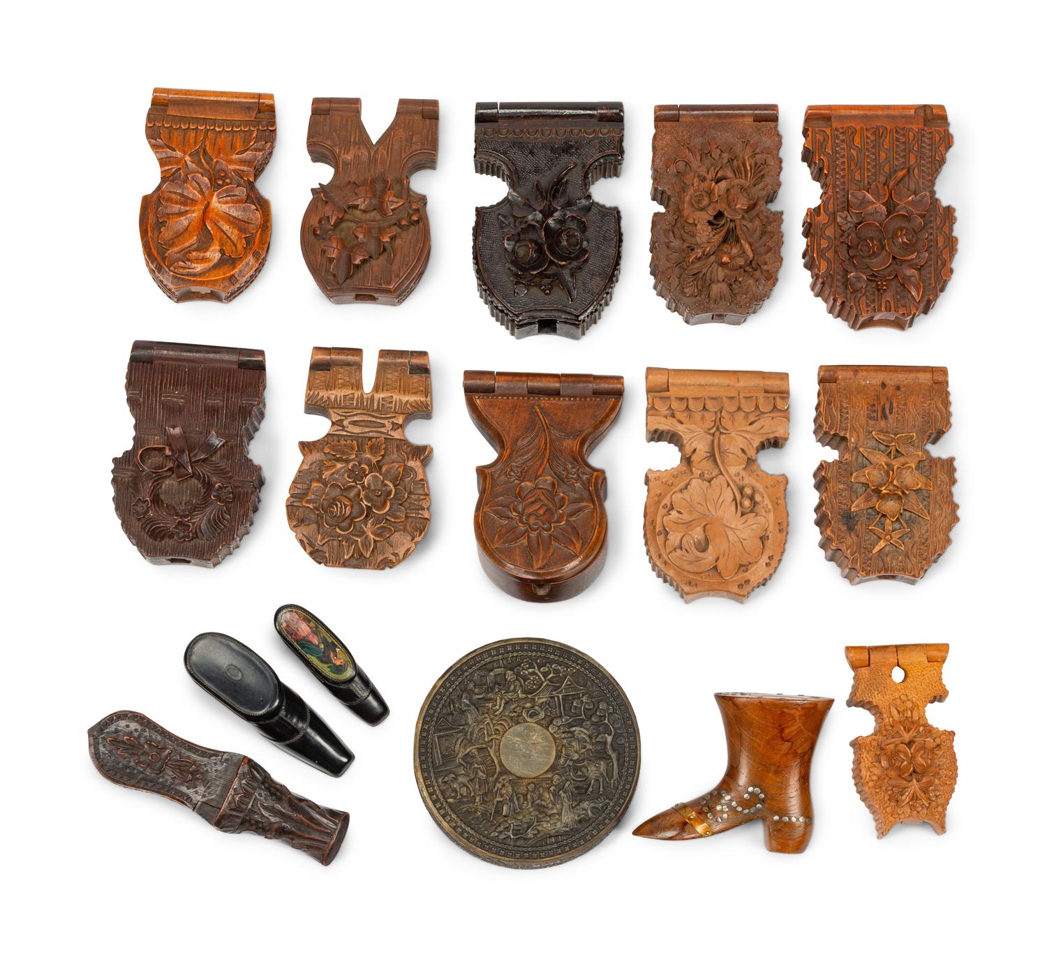 A Collection of Sixteen Continental Carved Wood Boxes