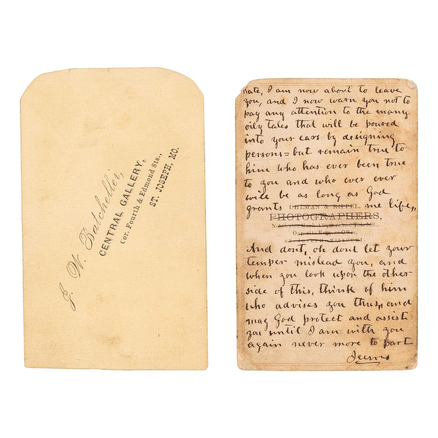 [EARLY PHOTOGRAPHY] -- [COWBOYS]. A group of 2 CDVs, incl. inscribed portrait of armed cowboy and portrait of his companion.