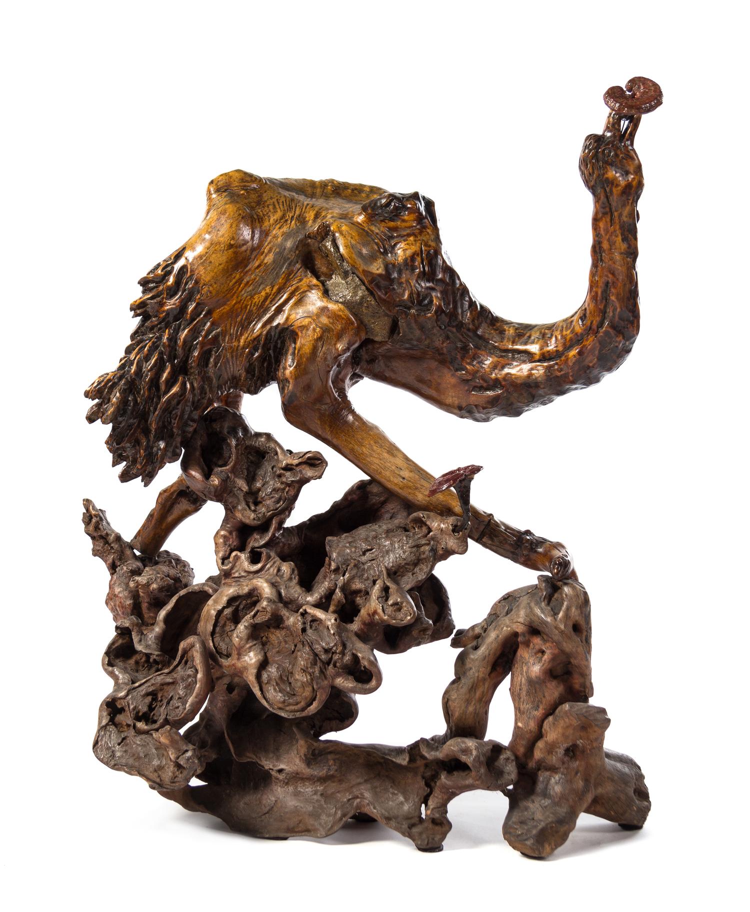 A Large Chinese Carved Rootwood Figure of Crane LATE 19TH/EARLY 20TH CENTURY Height 43 1/2 inches. — LATE 19TH/EARLY 20TH CENTURY