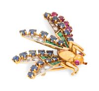 YELLOW GOLD, DIAMOND AND MULTIGEM DRAGONFLY BROOCH