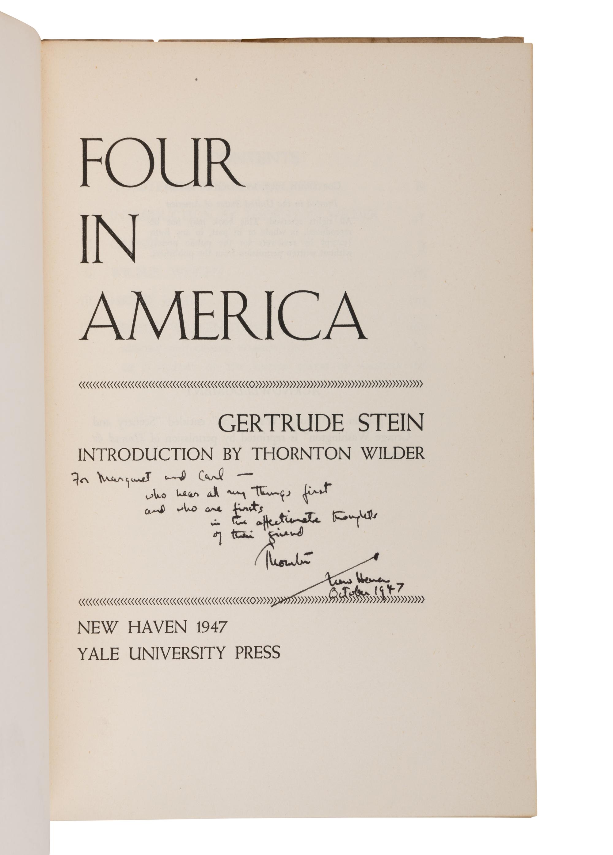 [WILDER, Thornton (1897-1975), introduction]. STEIN, Gertrude (1874-1946). Four in America . New Haven, CT: Yale University Press, 1947.