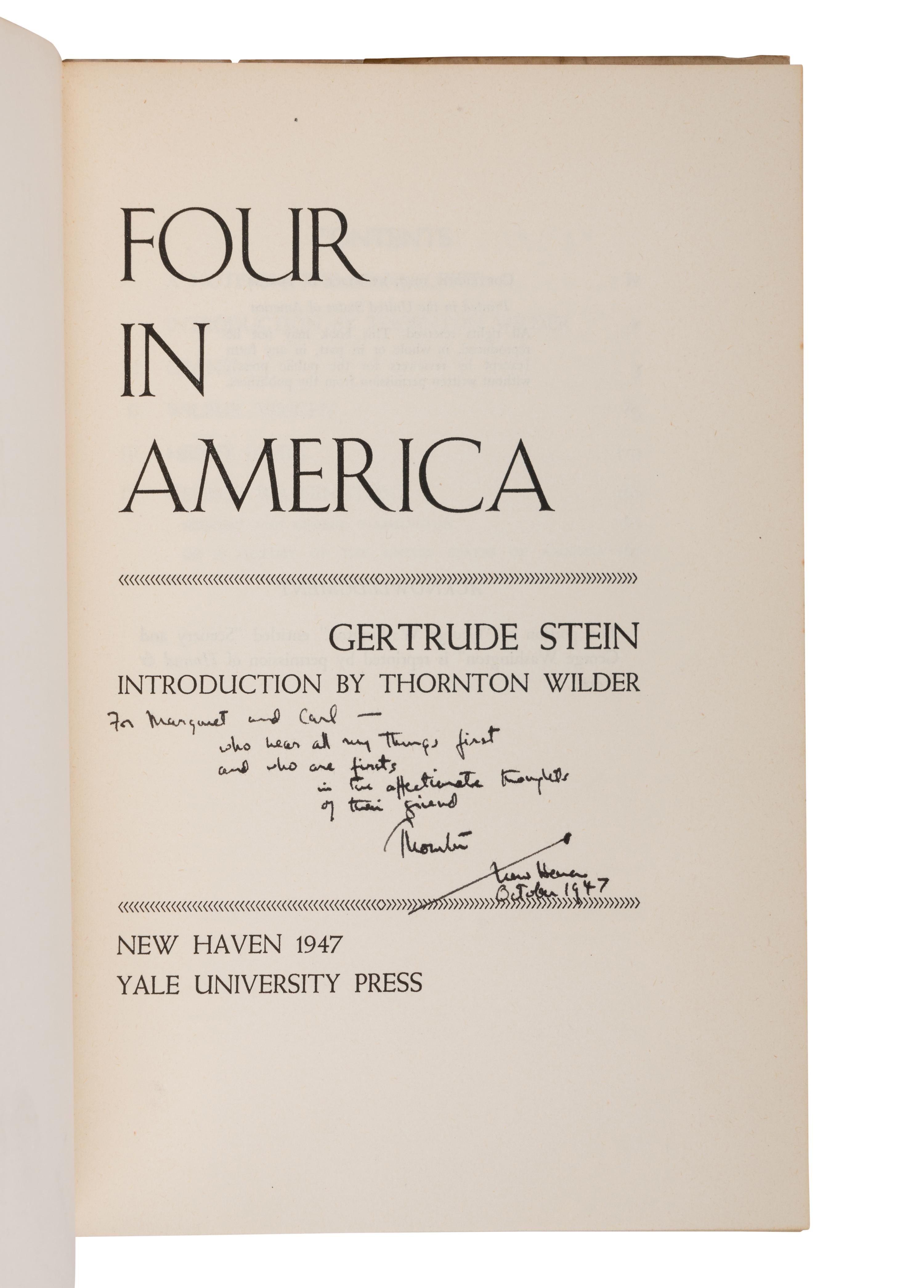 [WILDER, Thornton (1897-1975), introduction]. STEIN, Gertrude (1874-1946). Four in America . New Haven, CT: Yale University Press, 1947.