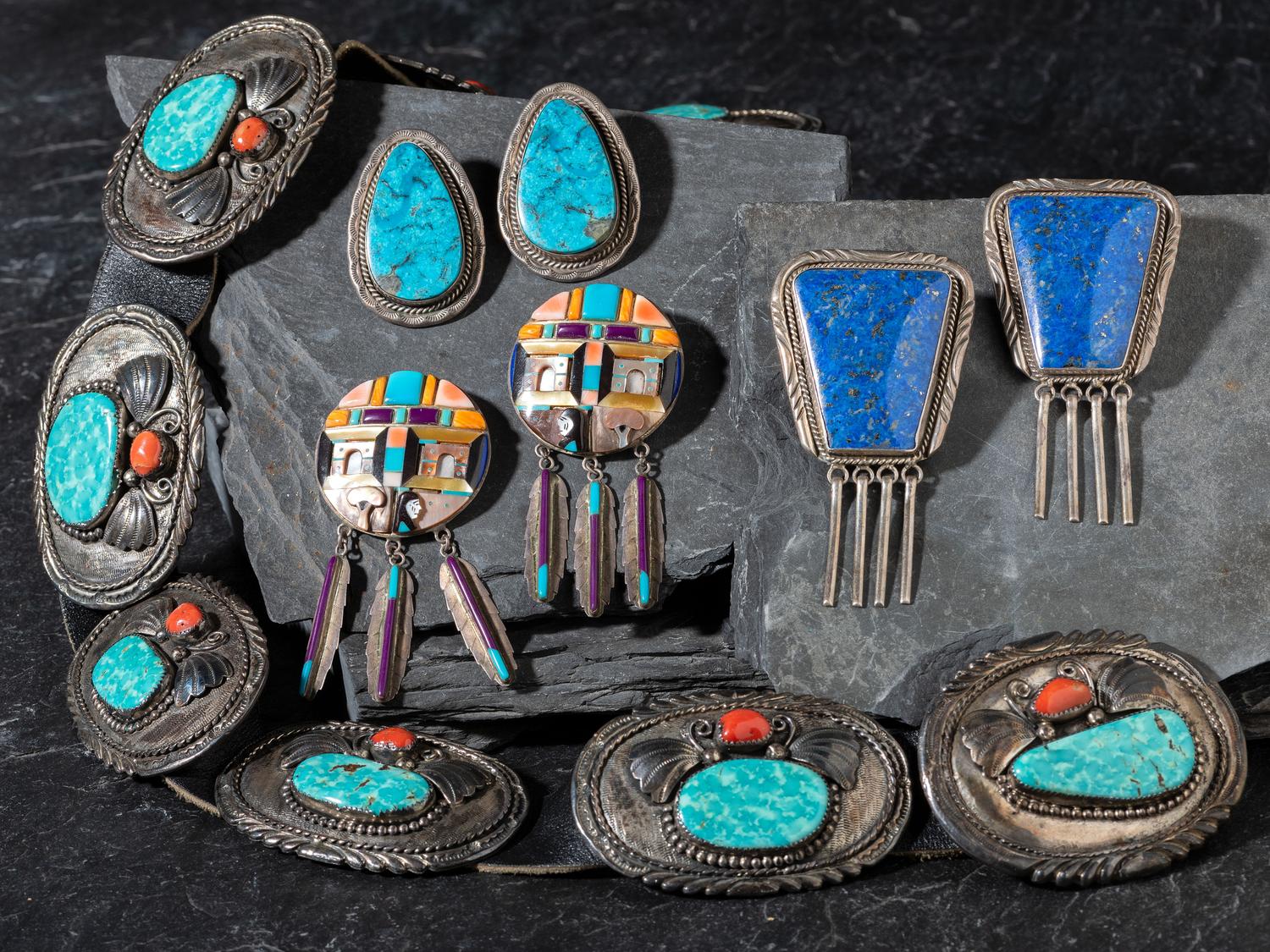 Navajo Concha Belt and Three Earrings