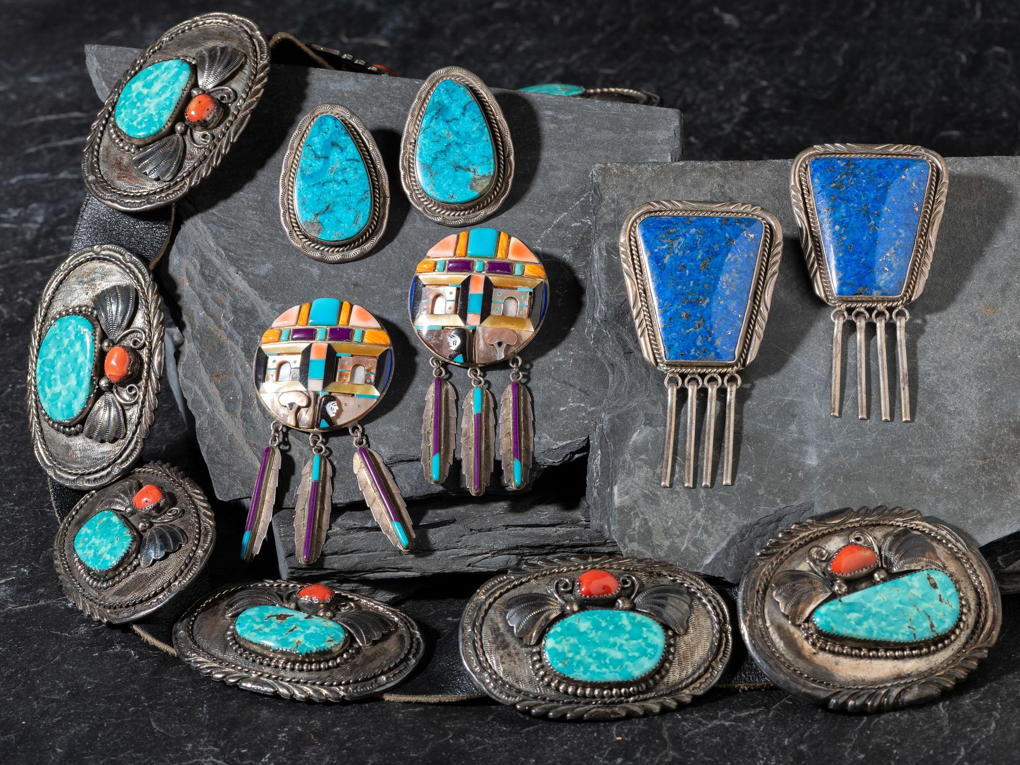 Navajo Concha Belt and Three Earrings