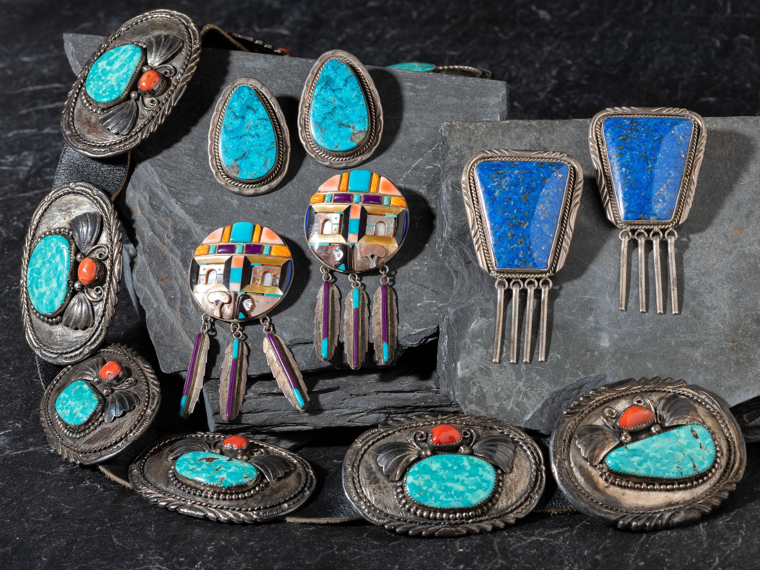 Navajo Concha Belt and Three Earrings