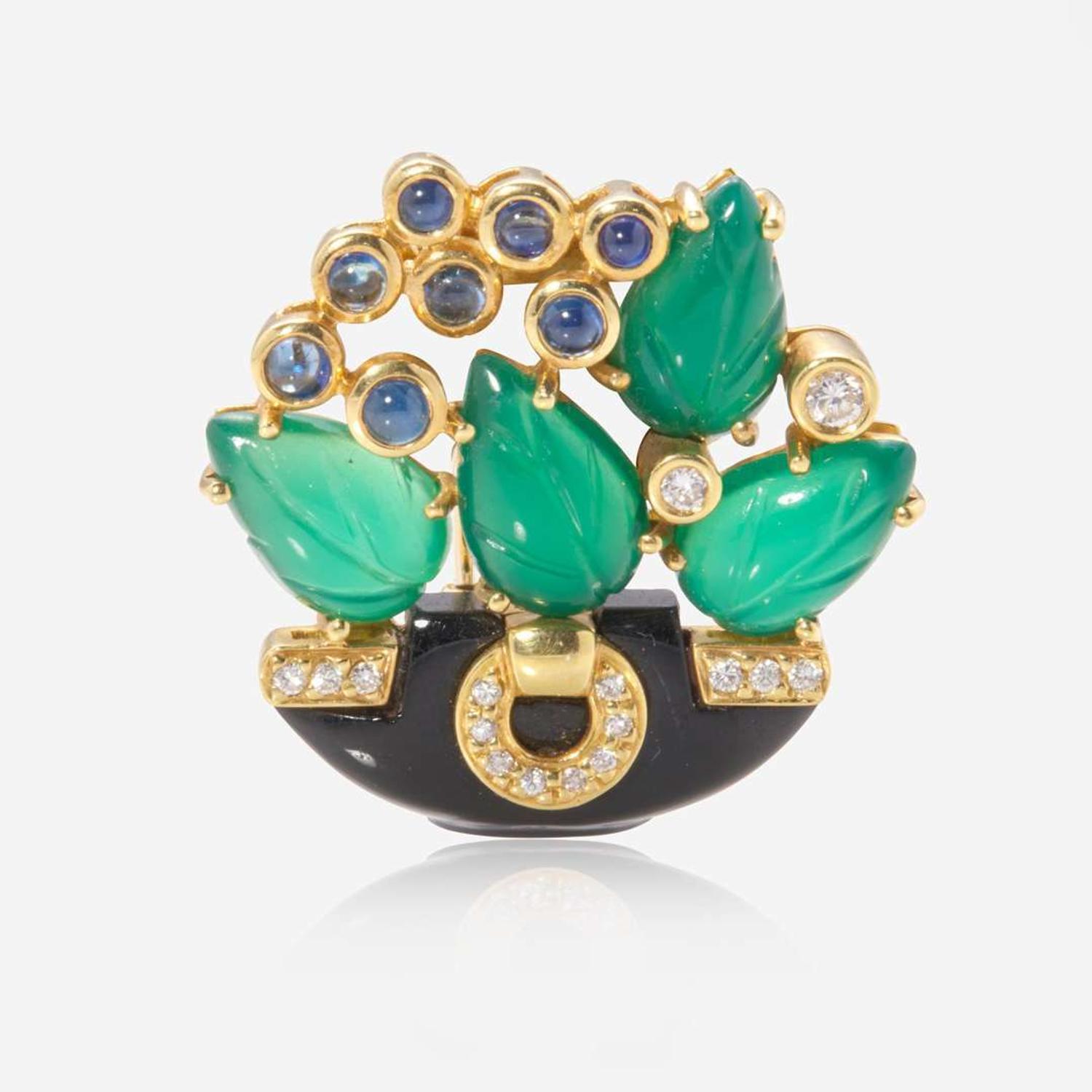 A Cartier Chrysophase, Sapphire, Diamond, and Onyx Pin Cartier c. 1989