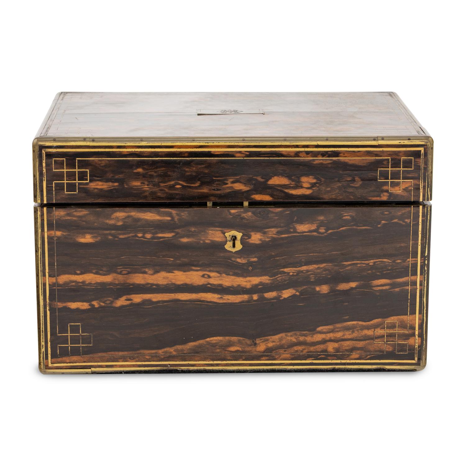 A Victorian Brass-Inlaid Calamander, Silver and Cut-Glass Fitted Dressing Box