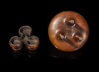 A Chinese patinated copper alloy tripod censer and stand, apocryphal "Xuan" mark 銅爐及底座 宣款