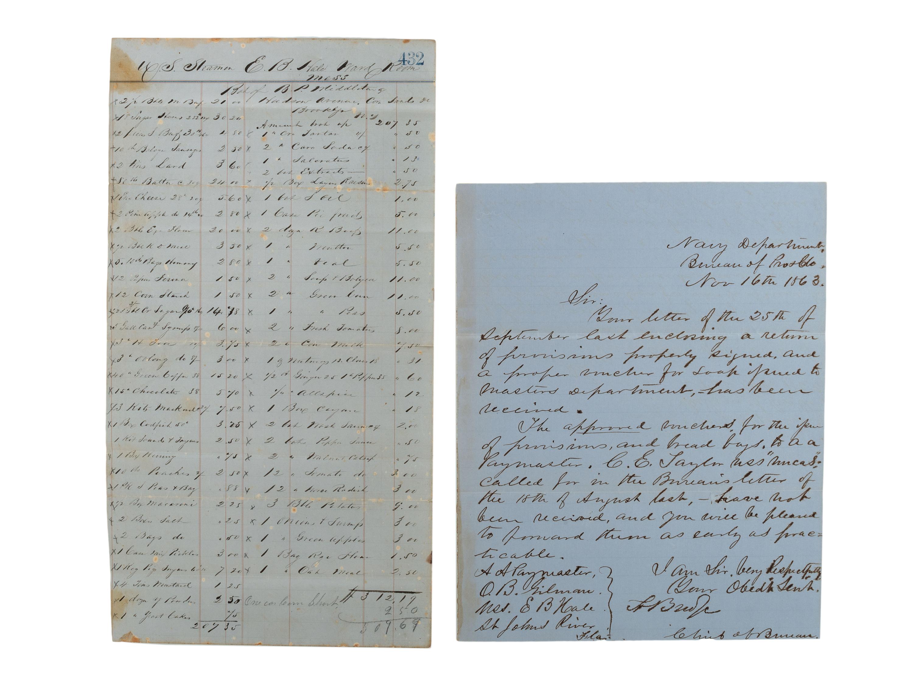 [CIVIL WAR - NAVY]. Records of supplies and provisions of the USS E.B. Hale .