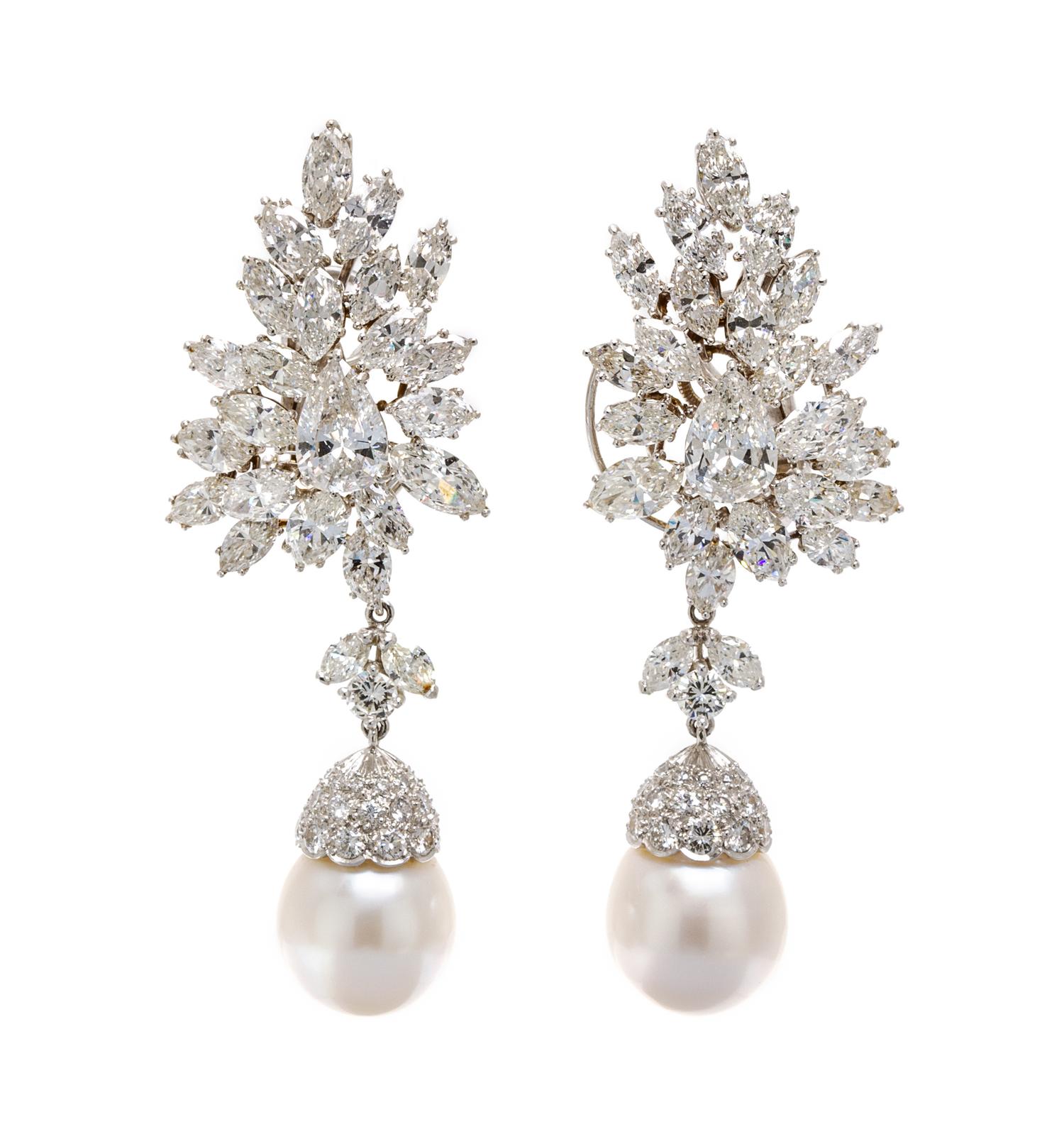 A Pair of Platinum and Diamond Spray Earclips, Van Cleef & Arpels, with Detachable Cultured Pearl and Diamond Drops, 23.40 dwts.