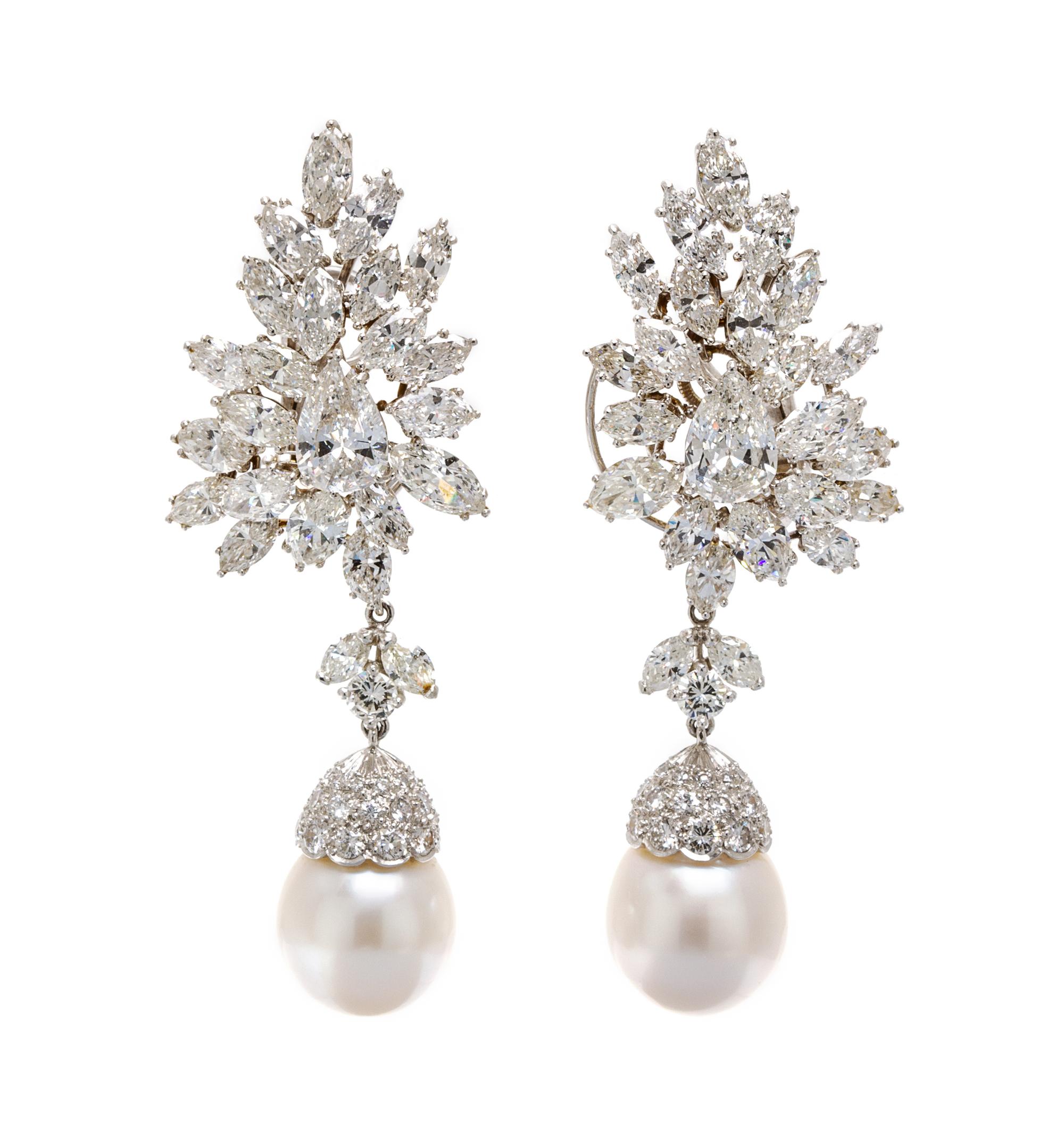 A Pair of Platinum and Diamond Spray Earclips, Van Cleef & Arpels, with Detachable Cultured Pearl and Diamond Drops, 23.40 dwts.