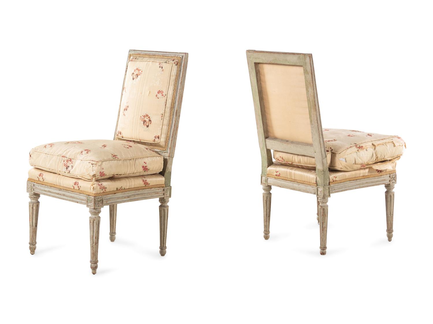 A Pair of Louis XVI Carved and Gray-Painted Side Chairs