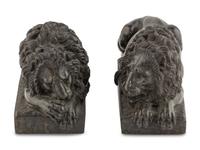 A Pair of Carved Green Marble Recumbent Lions