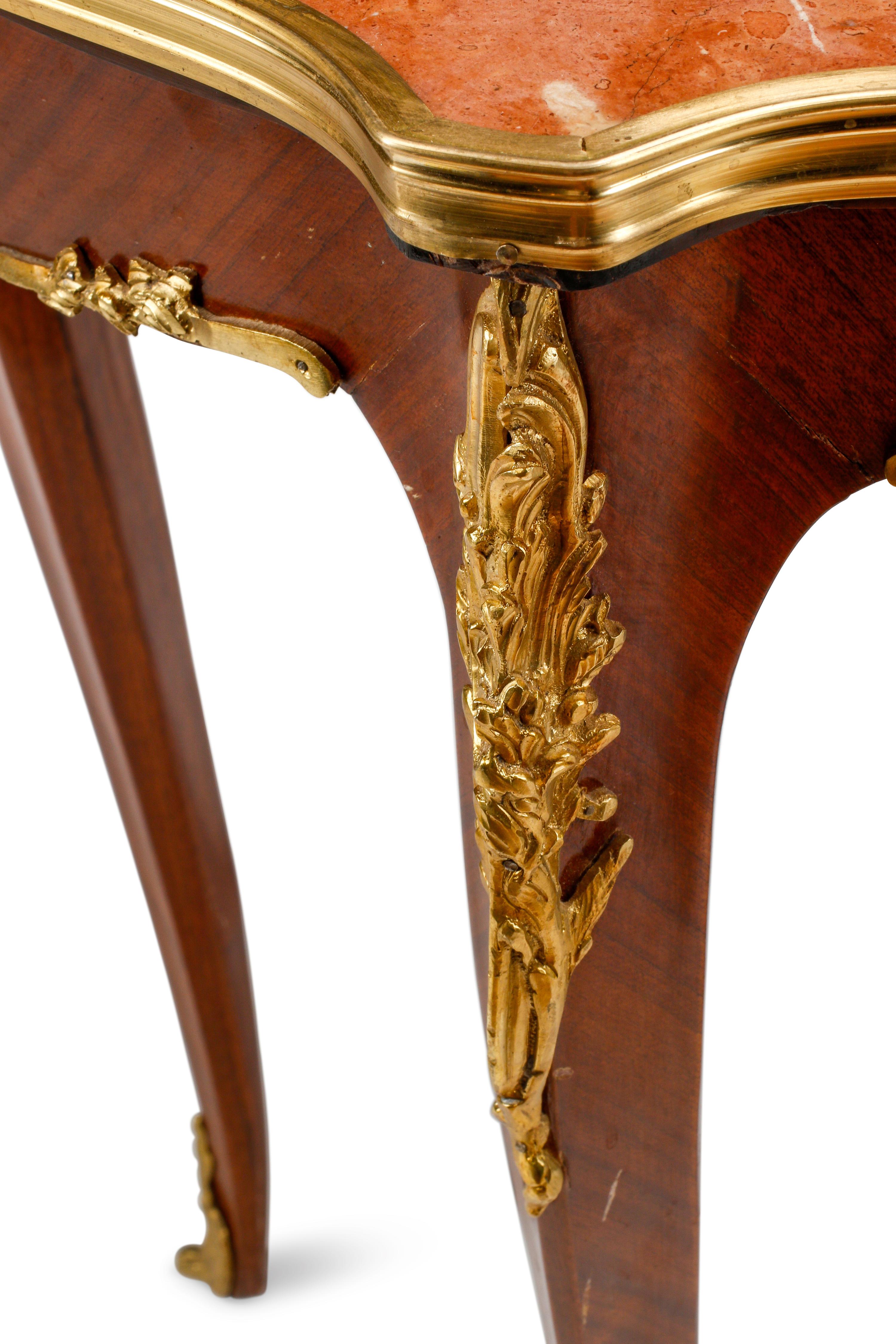 A Pair of Louis XV Style Mahogany and Gilt Bronze Mounted Marble-Top Tables