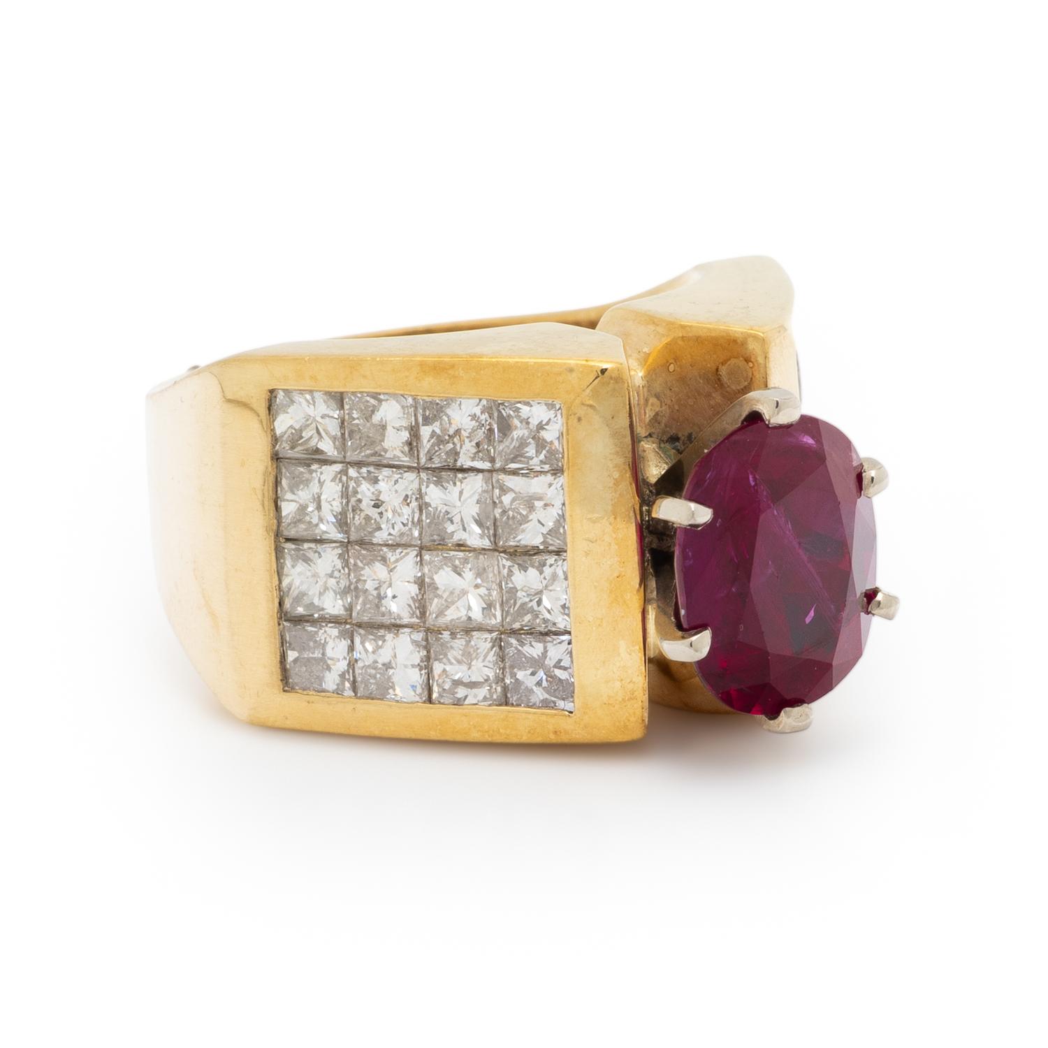 RUBY, DIAMOND, AND YELLOW GOLD RING