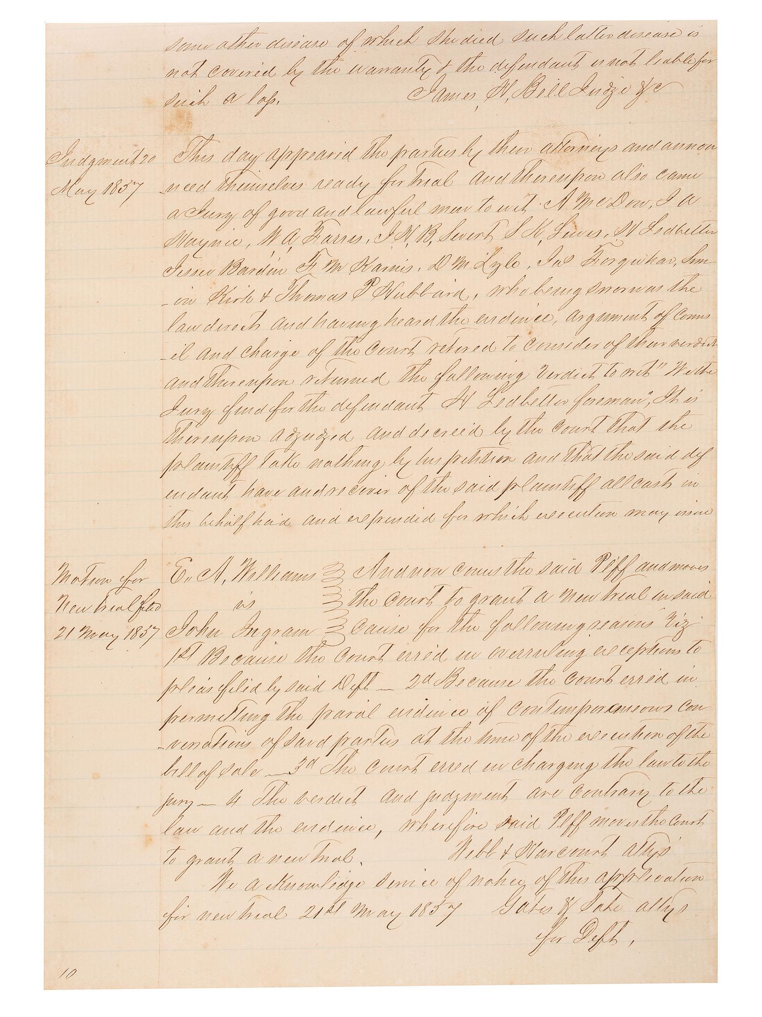 [SLAVERY & ABOLITION]. Manuscript court document related to the sale of an enslaved woman named "Frances," Fayette County, TX, 1857.