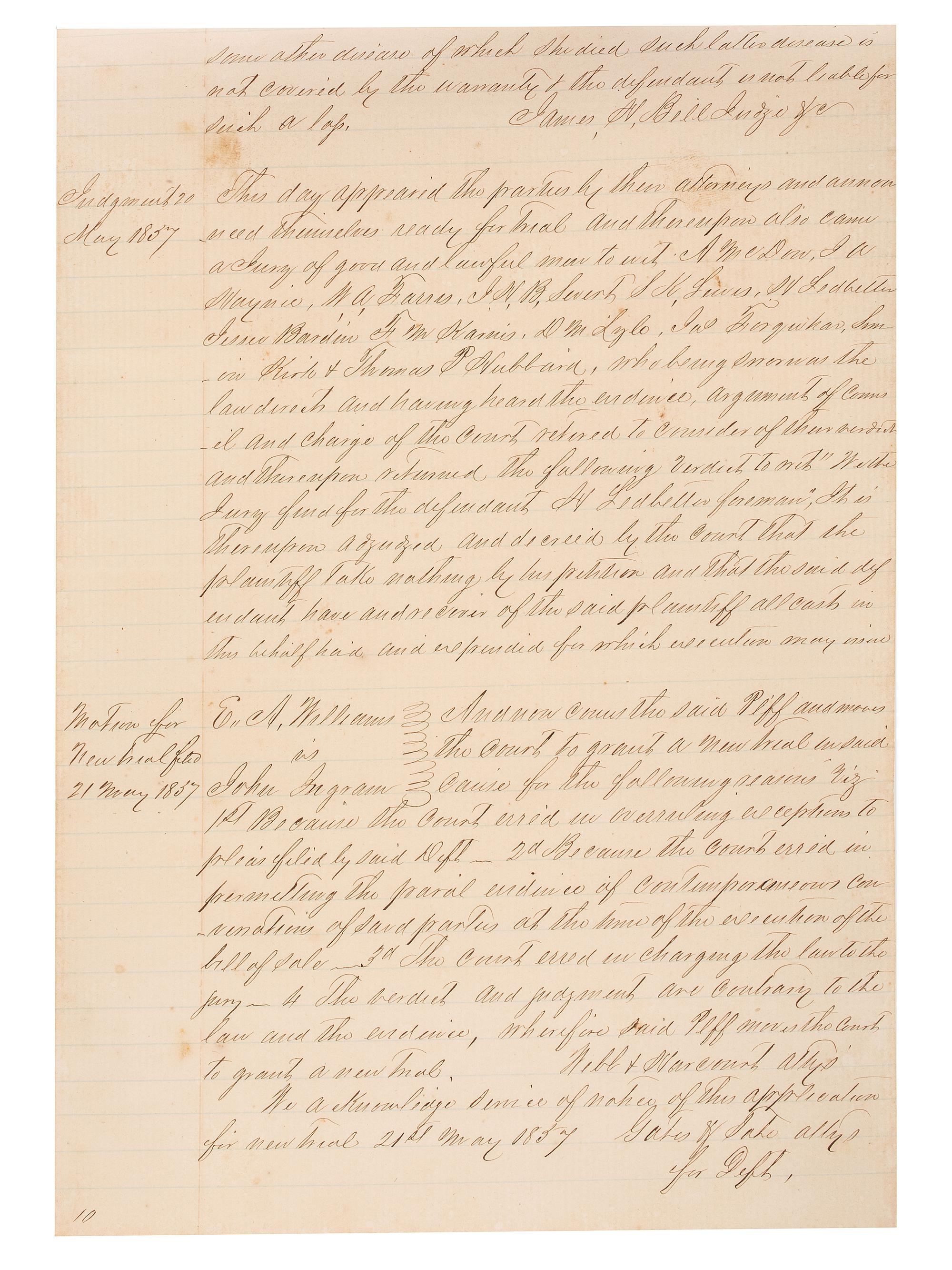 [SLAVERY & ABOLITION]. Manuscript court document related to the sale of an enslaved woman named "Frances," Fayette County, TX, 1857.