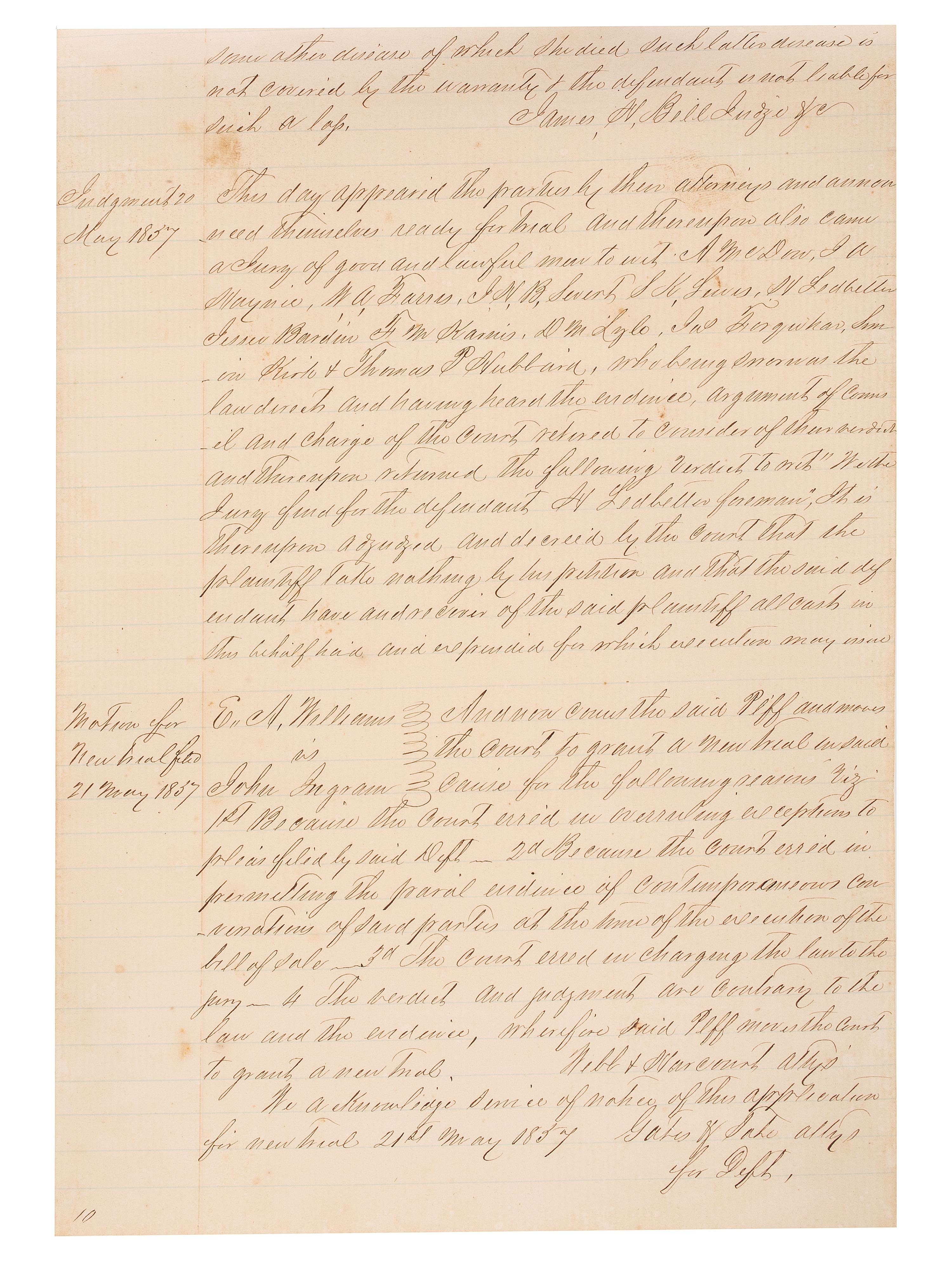 [SLAVERY & ABOLITION]. Manuscript court document related to the sale of an enslaved woman named "Frances," Fayette County, TX, 1857.