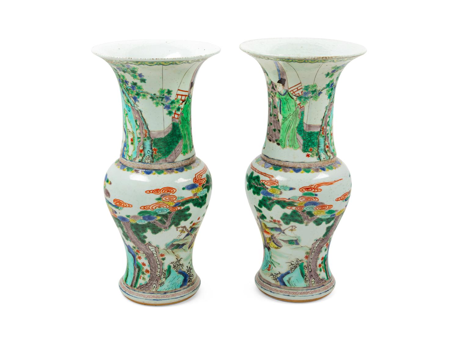 A Pair of Chinese Famille Verte Porcelain Yen-Yen Vases