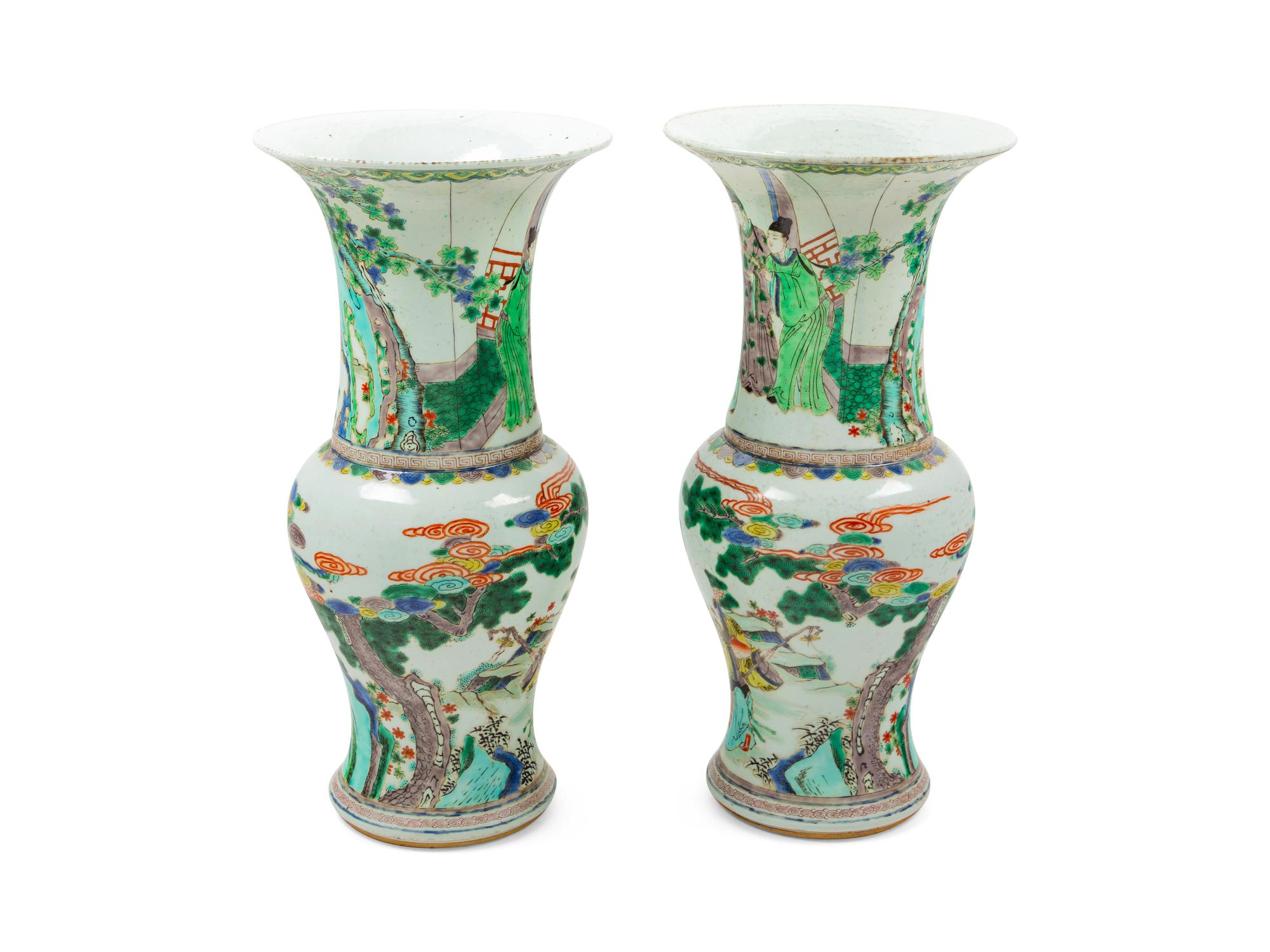 A Pair of Chinese Famille Verte Porcelain Yen-Yen Vases