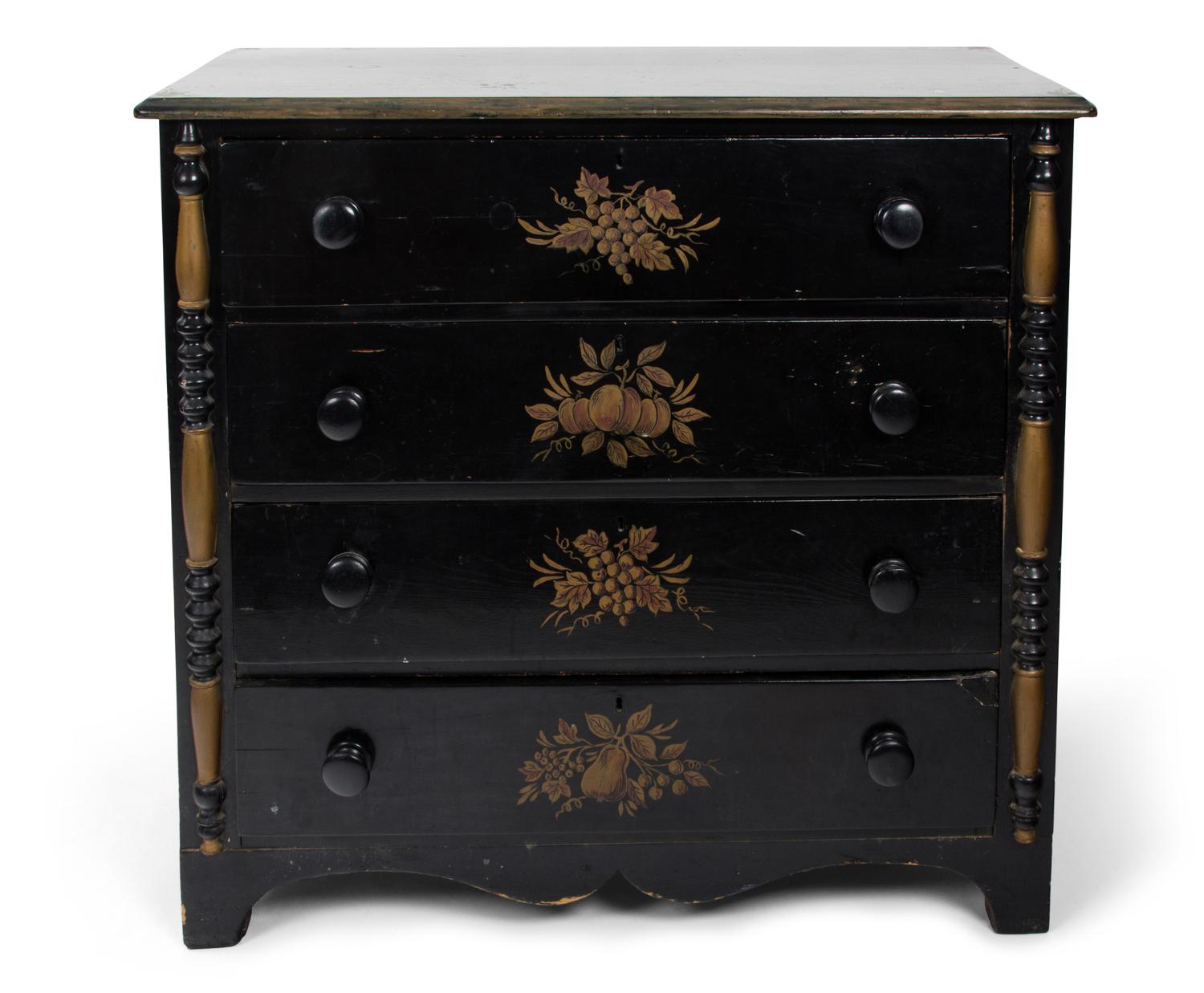 An American Ebonized and Gilt Decorated Chest of Drawers Height 35 1/2 x width 38 x depth 17 1/4 inches. — LATE 19TH CENTURY