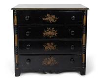 An American Ebonized and Gilt Decorated Chest of Drawers Height 35 1/2 x width 38 x depth 17 1/4 inches. — LATE 19TH CENTURY