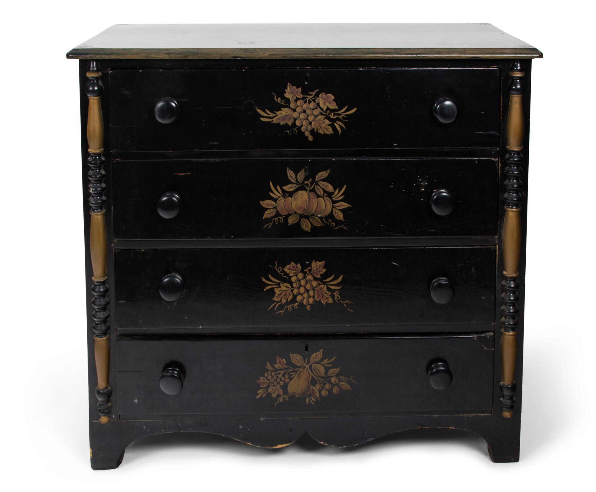 An American Ebonized and Gilt Decorated Chest of Drawers Height 35 1/2 x width 38 x depth 17 1/4 inches. — LATE 19TH CENTURY