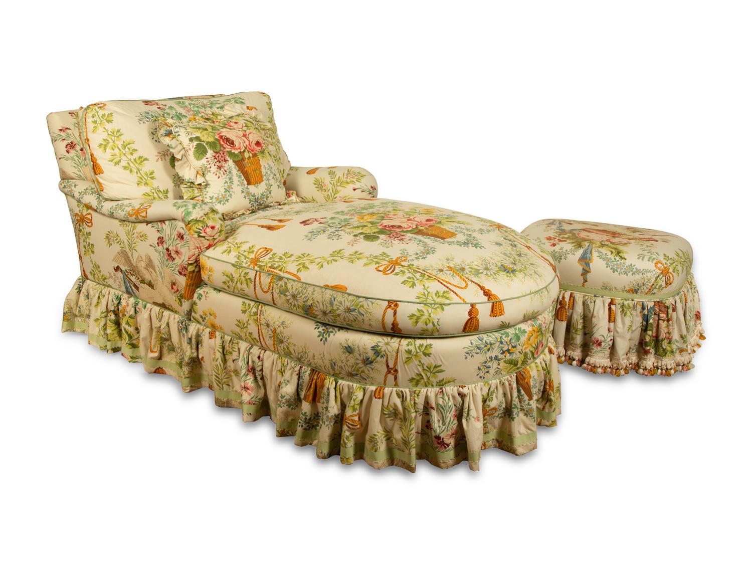 A Brunschwig & Fils Upholstered Chaise Longue and Matching Ottoman — 20TH/21ST CENTURY