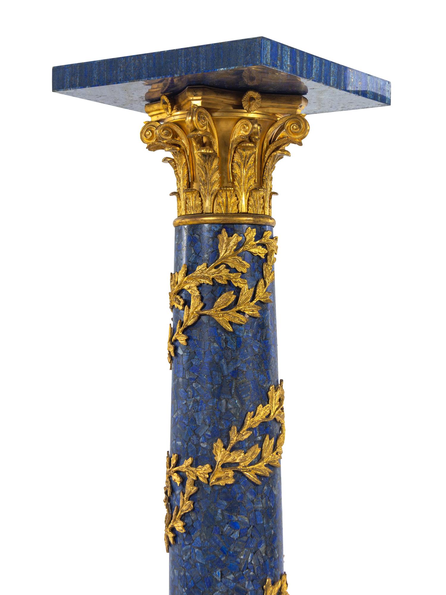 A Pair of Louis XV Style Gilt Bronze Mounted Lapis Lazuli Pedestals