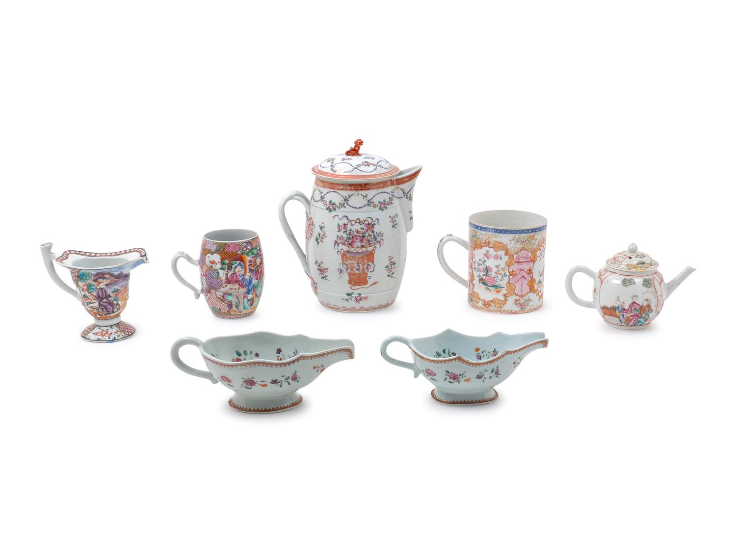 Seven Chinese Export Famille Rose Porcelain Handled Vessels