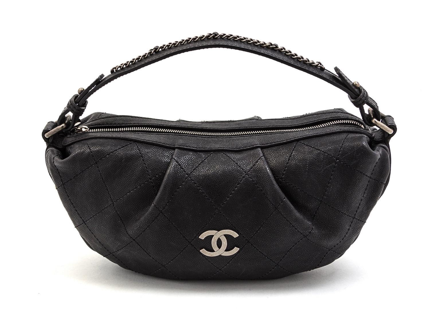 A Chanel Dark Grey Quilted Caviar Leather Bag, 13 x 7 x 4 inches.