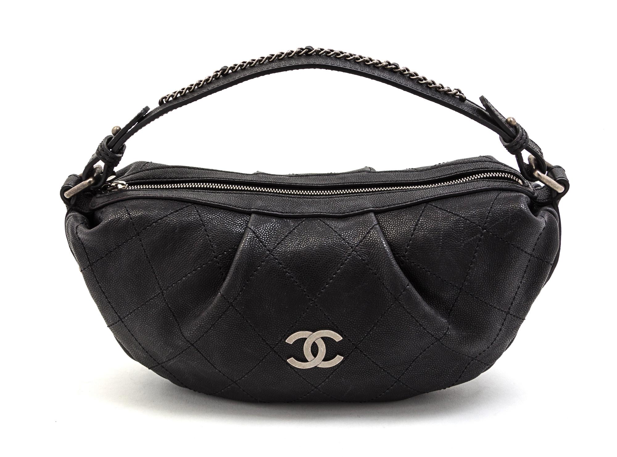 A Chanel Dark Grey Quilted Caviar Leather Bag, 13 x 7 x 4 inches.