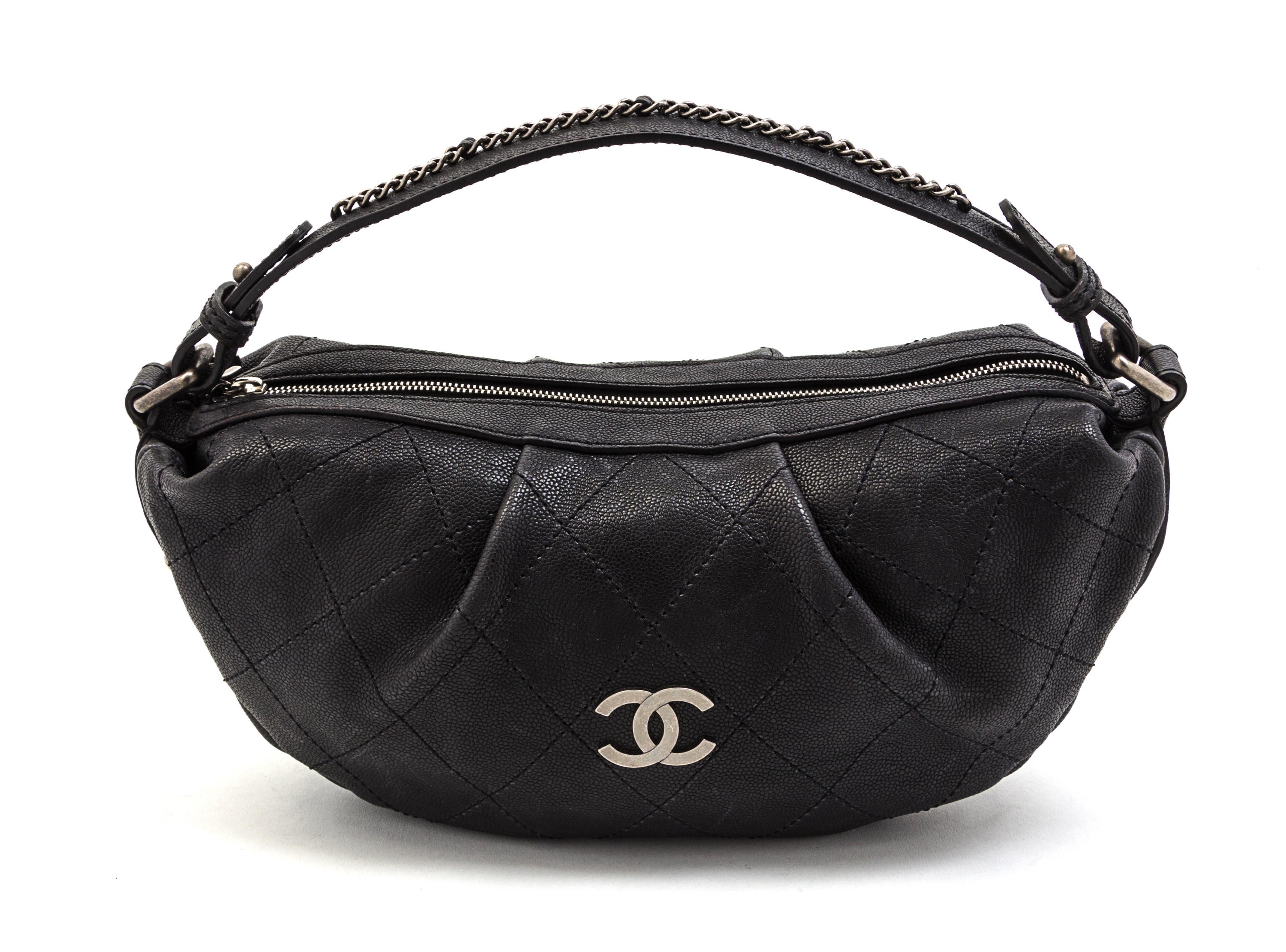 A Chanel Dark Grey Quilted Caviar Leather Bag, 13 x 7 x 4 inches.